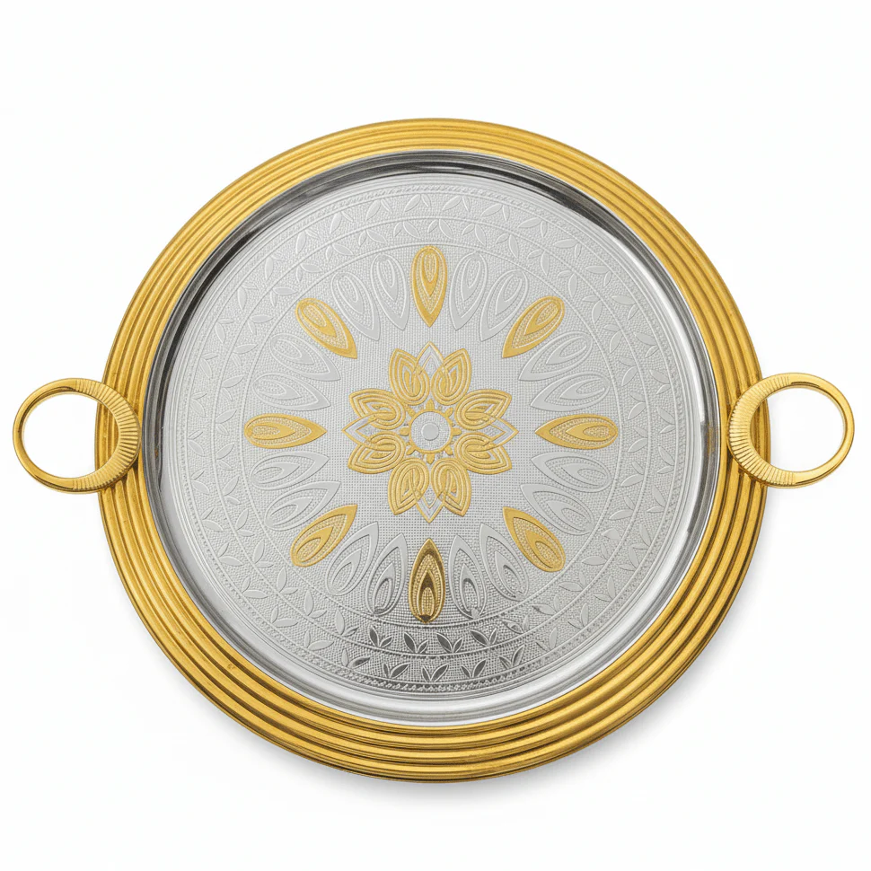 AKDC Round Stainless Steel Serving Tray with Golden Border and Handles, Durable Multipurpose Food, Tea & Beverage Serving Tray for Home & Kitchen – 35 cm