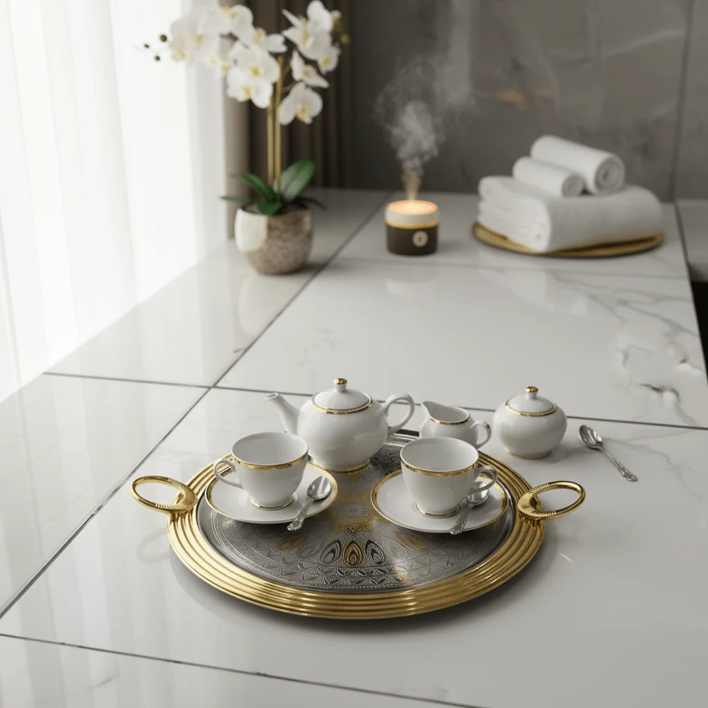 AKDC Round Stainless Steel Serving Tray with Golden Border and Handles, Durable Multipurpose Food, Tea & Beverage Serving Tray for Home & Kitchen – 35 cm - Image 2