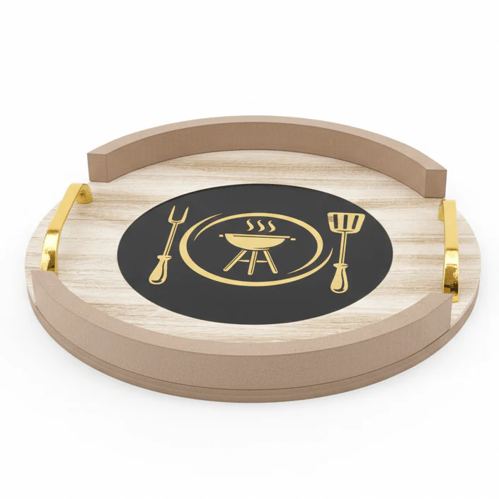 AKDC Round Wooden Serving Tray with Metal Handles – Rustic Kitchen & Dining Serving Tray 28 cm