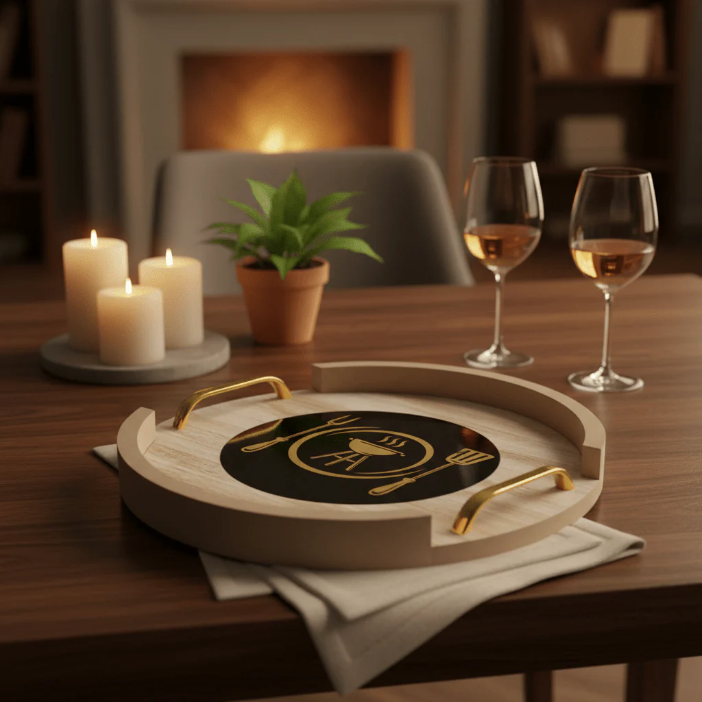 AKDC Round Wooden Serving Tray with Metal Handles – Rustic Kitchen & Dining Serving Tray 28 cm - Image 2