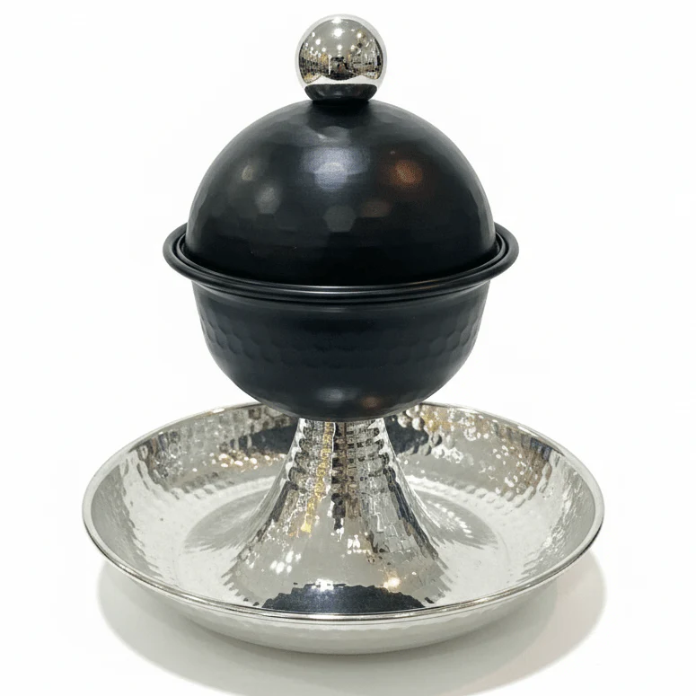 AKDC Royal Black and Silver Metal Candy Bowl with Lid and Elevated Footed Base for Luxury Serving – 20×18 cm