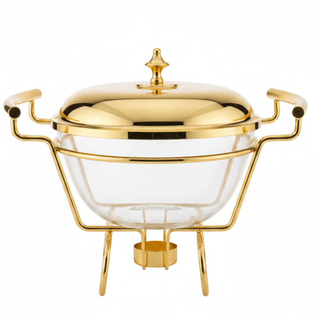 Round Glass Food Warmer with Polished Gold Stand and Heat-Resistant Lid – Elegant Buffet Server (21×16 cm)