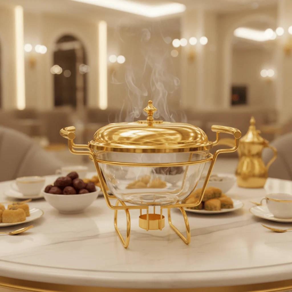 Round Glass Food Warmer with Polished Gold Stand and Heat-Resistant Lid – Elegant Buffet Server (21×16 cm) - Image 2