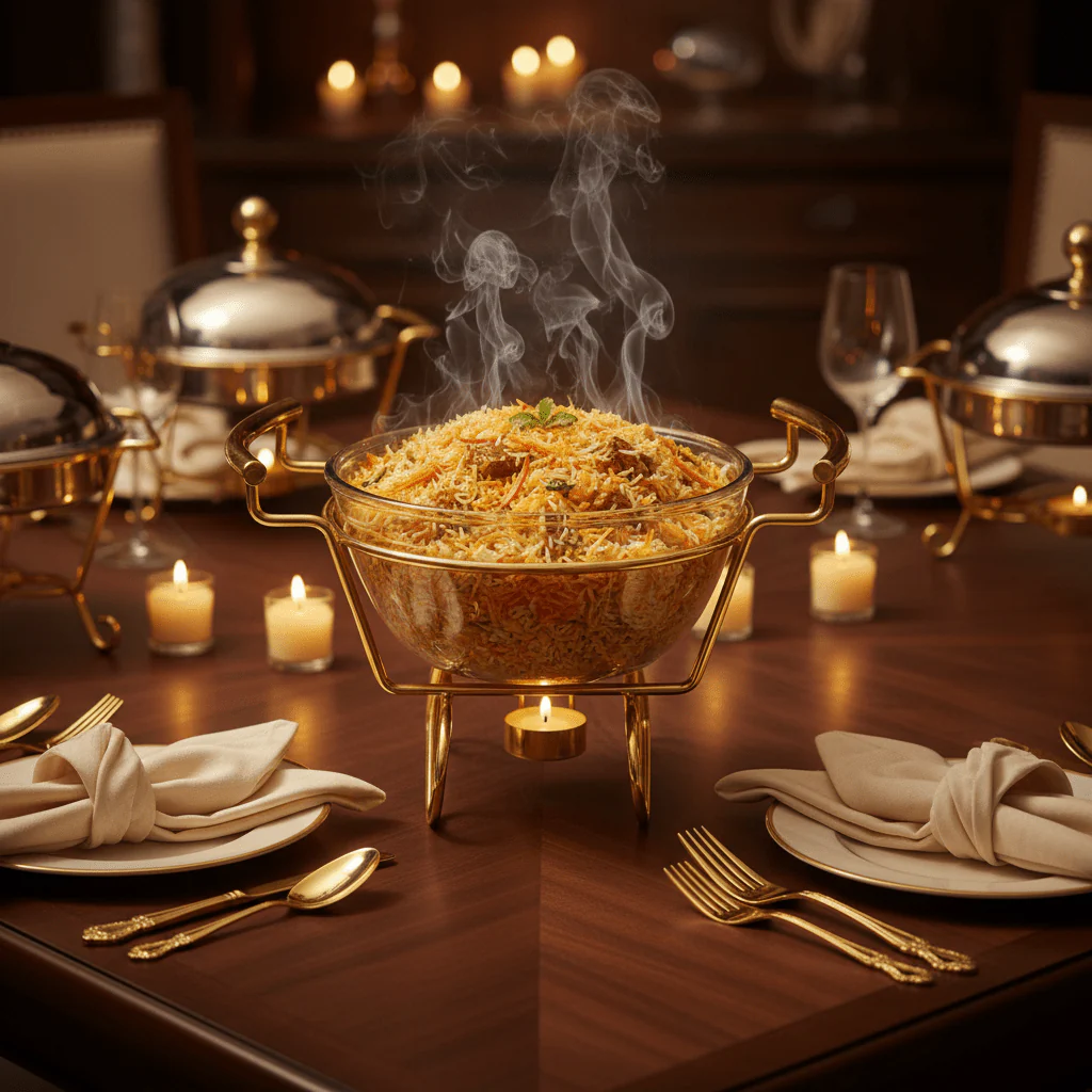 Round Glass Food Warmer with Polished Gold Stand and Heat-Resistant Lid – Elegant Buffet Server (21×16 cm) - Image 3