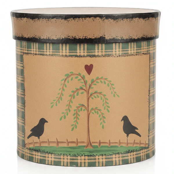 AKDC Rustic Kraft Round Cardboard Gift Box with Folk Art Willow Tree Design Lid for Handmade Gifts, Crafts & Storage – 14.5×14.5 cm