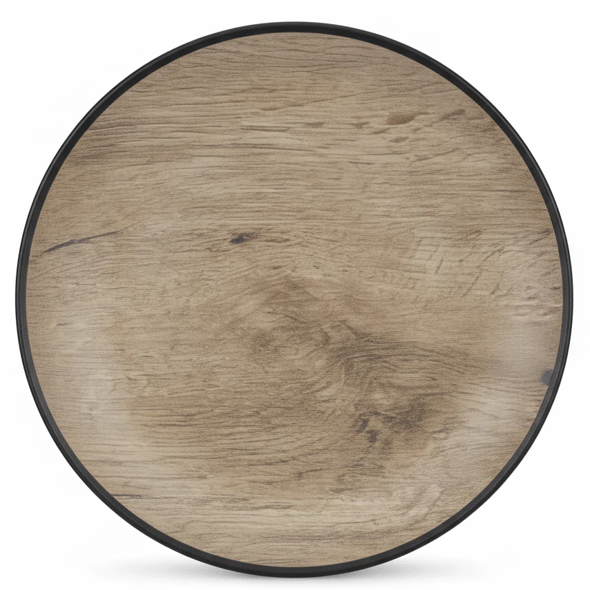 AKDC Rustic Wood Print Black Round Melamine Dinner Plate 10.5 Inch Durable Serving Plate for Everyday Dining