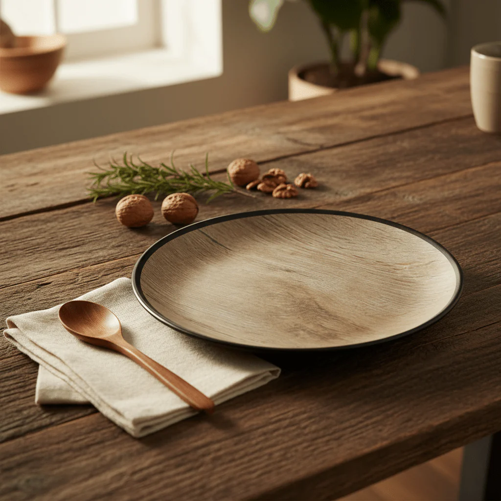 AKDC Rustic Wood Print Black Round Melamine Soup Plate 8.5 Inch Compact  Plate for Daily Use - Image 2