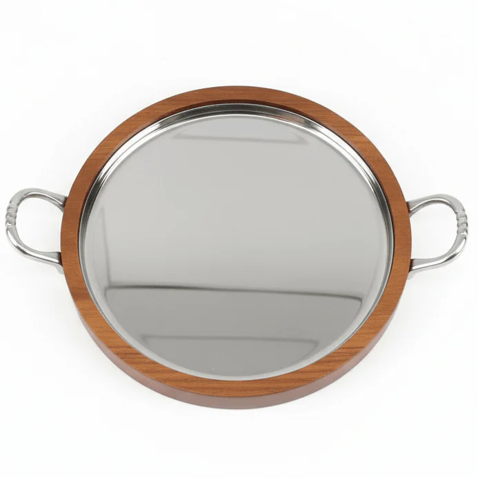 AKDC Rustic Wooden & Metal Dessert Serving Plate with Carry Handle – Stylish Serving Tray 22 cm