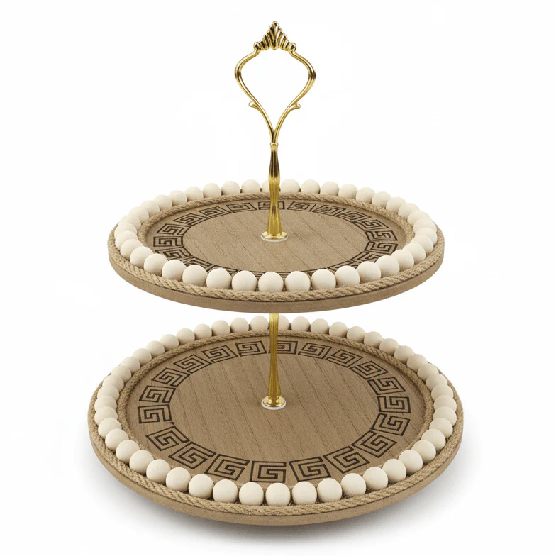 AKDC Rustic Wooden Two-Tier Cake Stand with Natural Finish for Dessert and Pastry Display – 25×24×18 cm