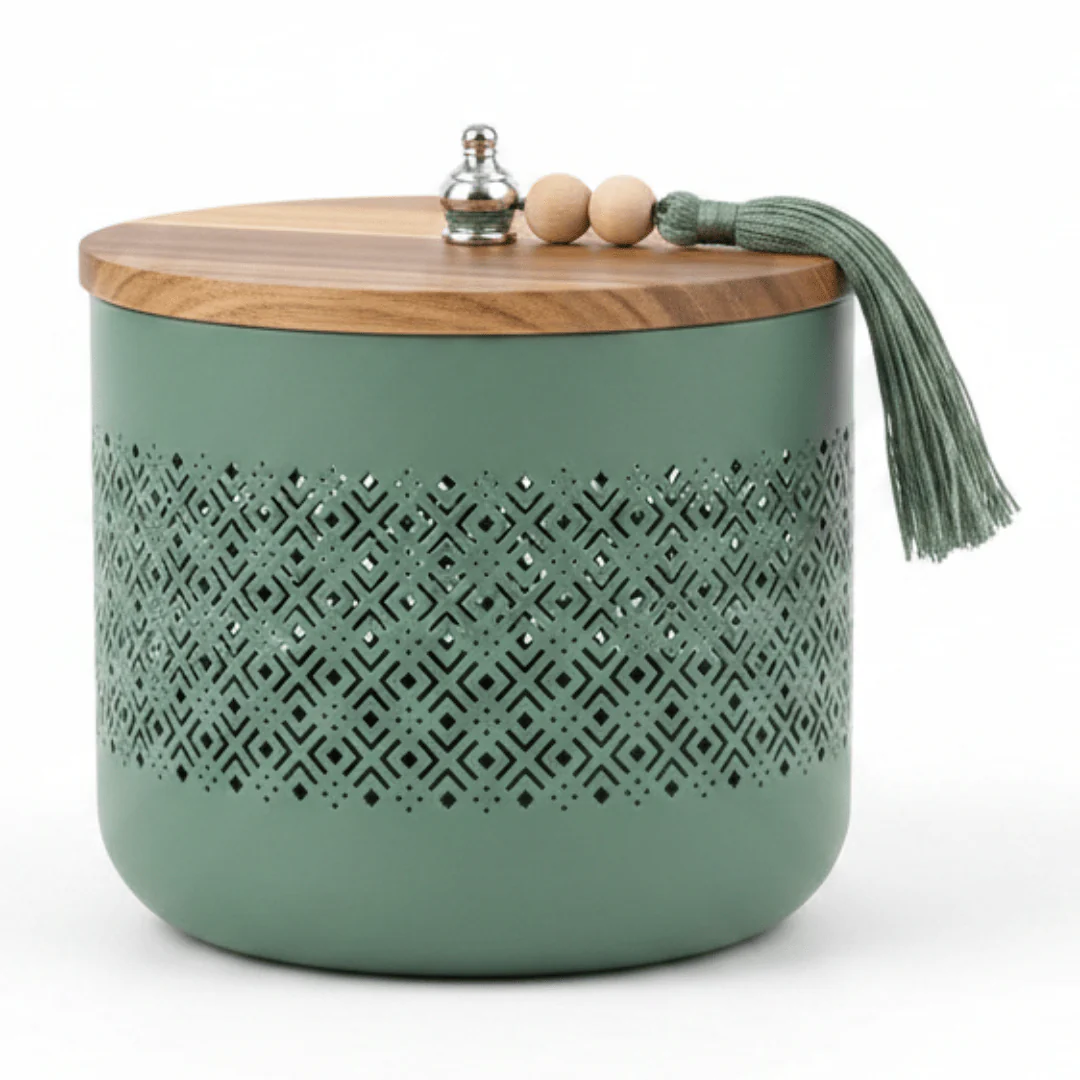 AKDC Sage Green Metal Candy Storage Jar with Wooden Lid – Elegant Kitchen Storage for Sweets & Snacks – 18 × 17 cm