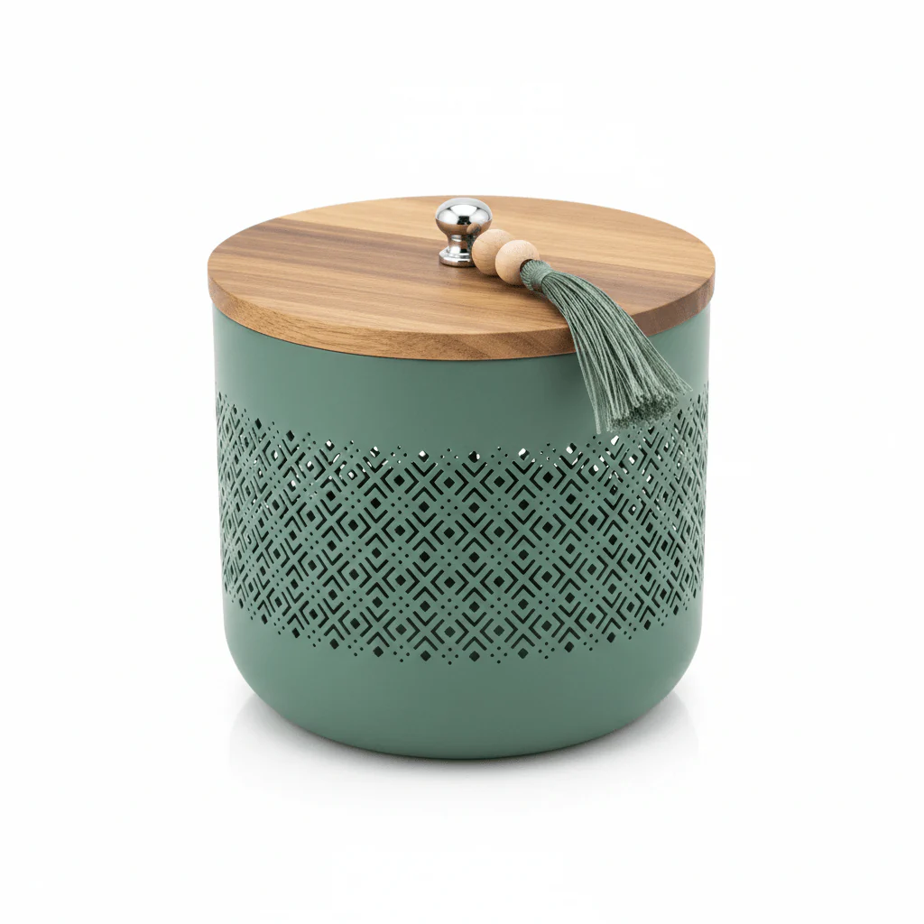 AKDC Sage Green Metal Candy Storage Jar with Wooden Lid – Elegant Kitchen Storage for Sweets & Snacks – 18 × 17 cm - Image 2