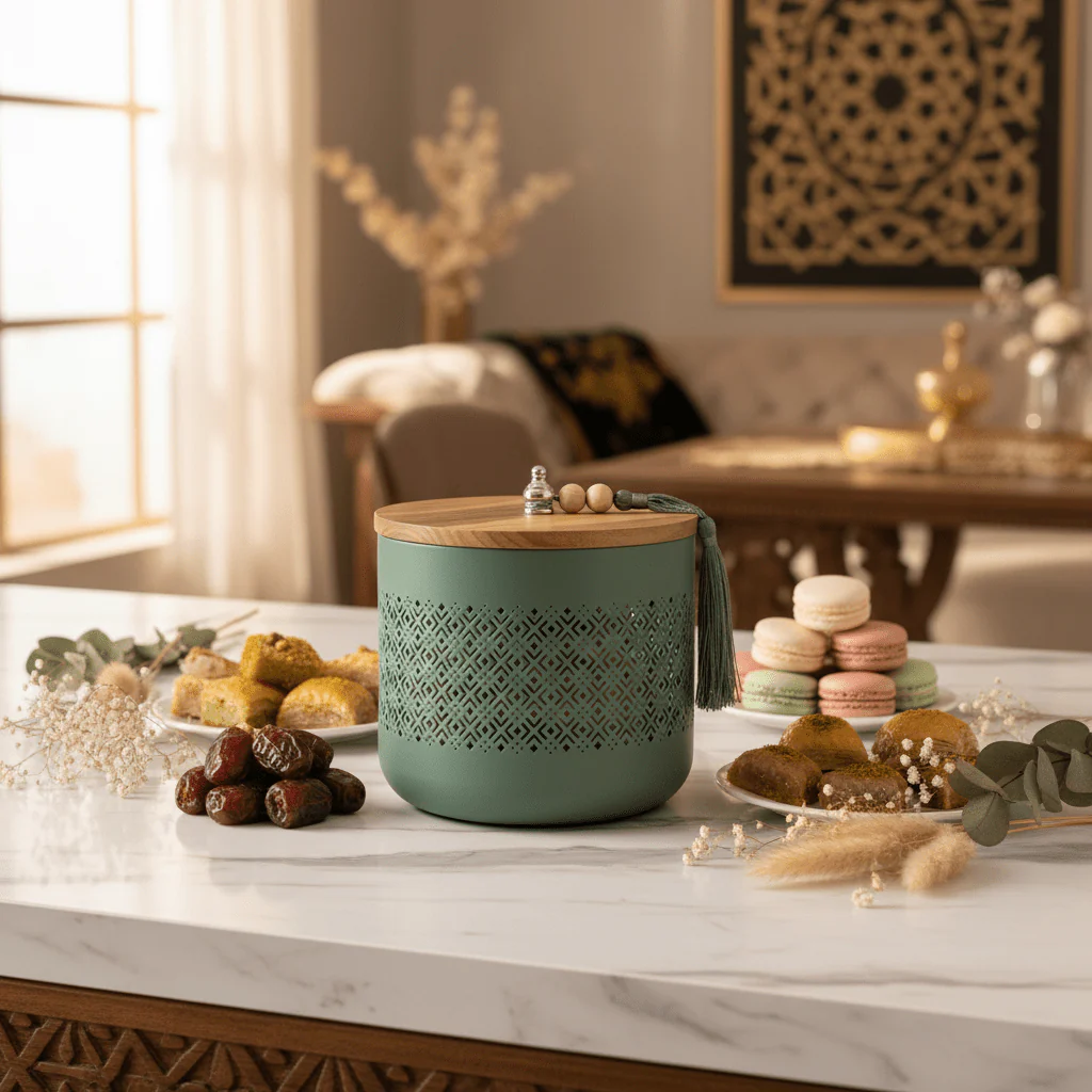 AKDC Sage Green Metal Candy Storage Jar with Wooden Lid – Elegant Kitchen Storage for Sweets & Snacks – 18 × 17 cm - Image 3