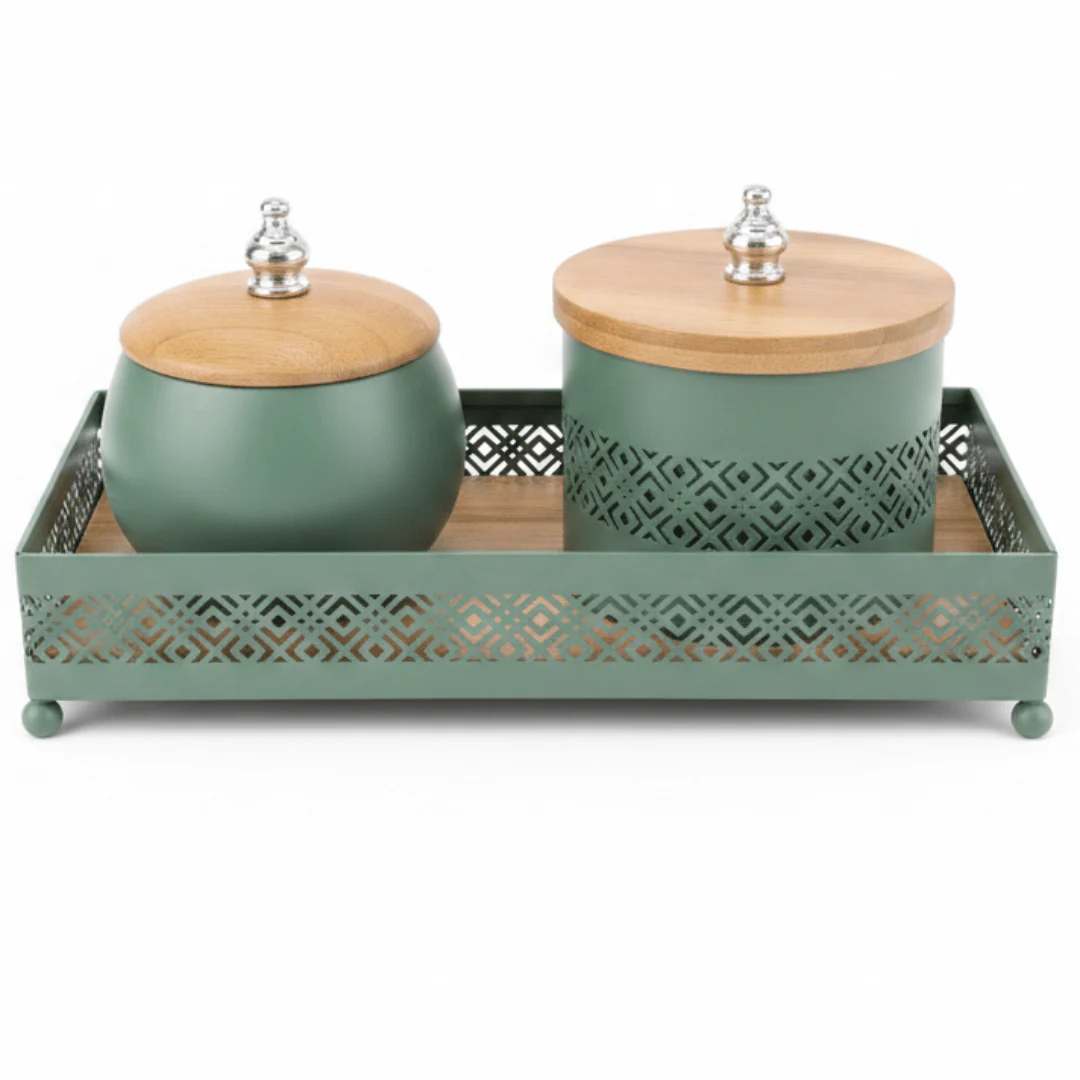 AKDC Sage Green Metal & Wooden Rectangular Tray with 2 Candy Bowls – Stylish Serving Set for Snacks – 26 × 12 cm