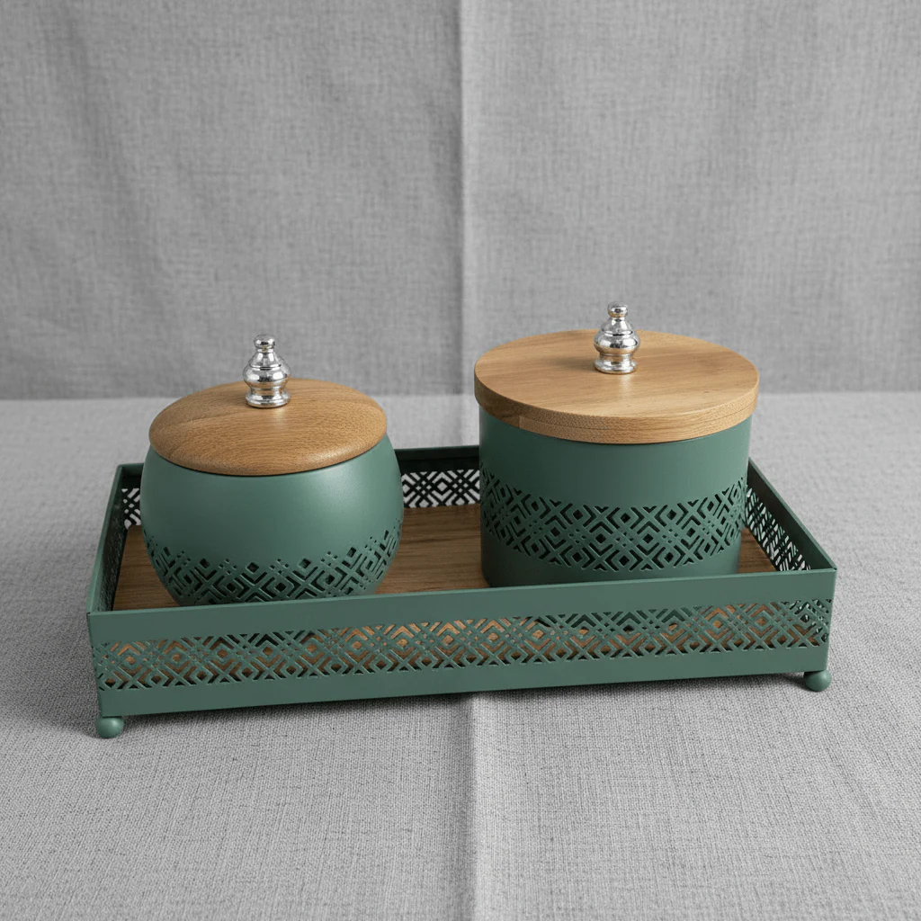 AKDC Sage Green Metal & Wooden Rectangular Tray with 2 Candy Bowls – Stylish Serving Set for Snacks – 26 × 12 cm - Image 2