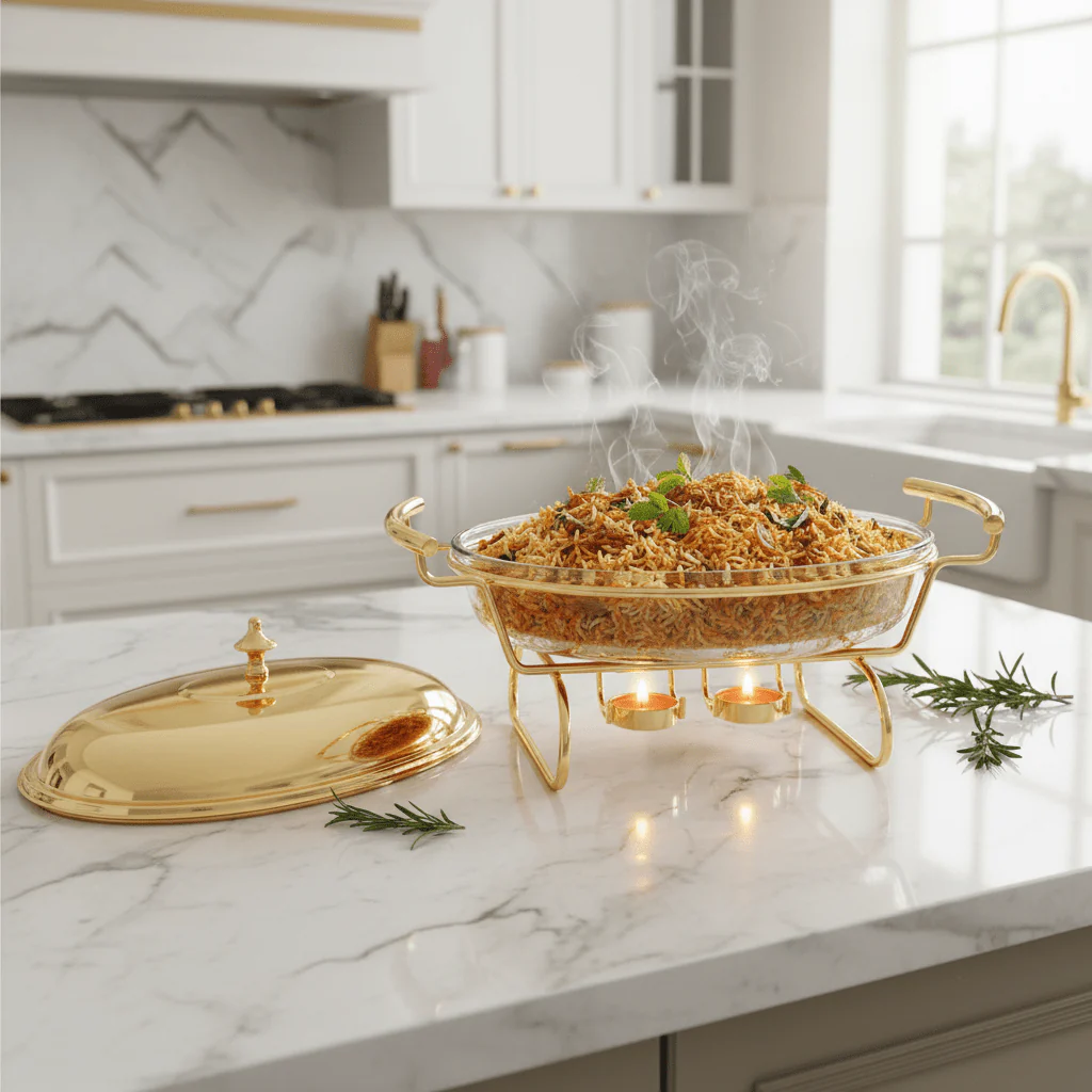 Oval Glass Food Warmer with Luxury Gold Stand and Clear Lid – High-End Dining Display (30×21 cm) - Image 2