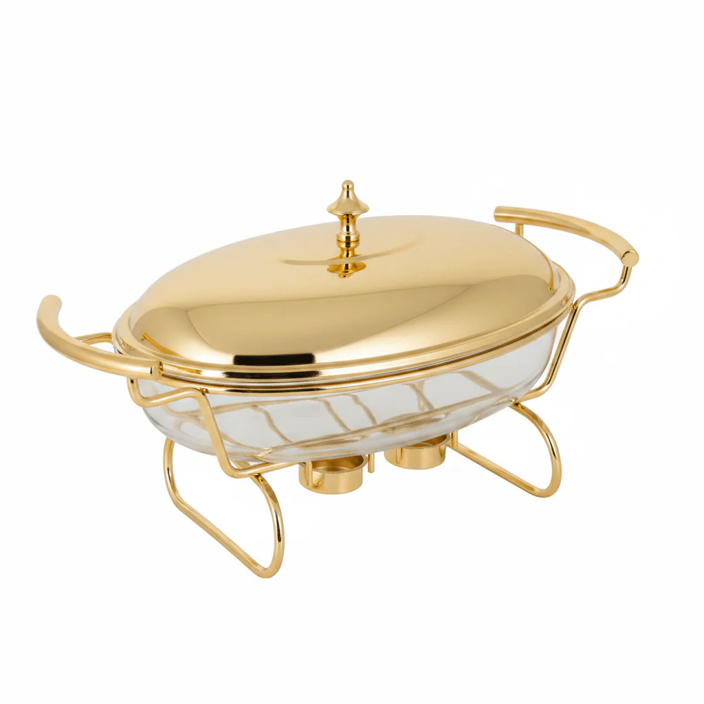 Oval Glass Food Warmer with Luxury Gold Stand and Clear Lid – High-End Dining Display (30×21 cm) - Image 3