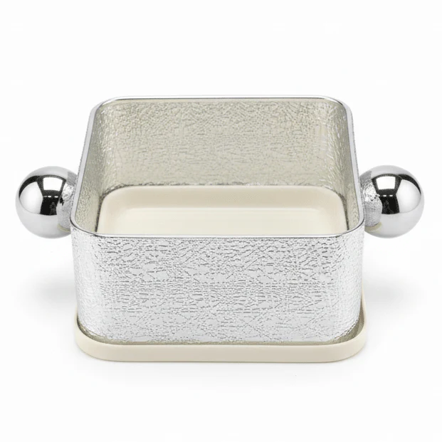 AKDC Silver & Cream Square Candy Pot – Elegant Decorative Storage Container for Table Serving – 12x12 cm