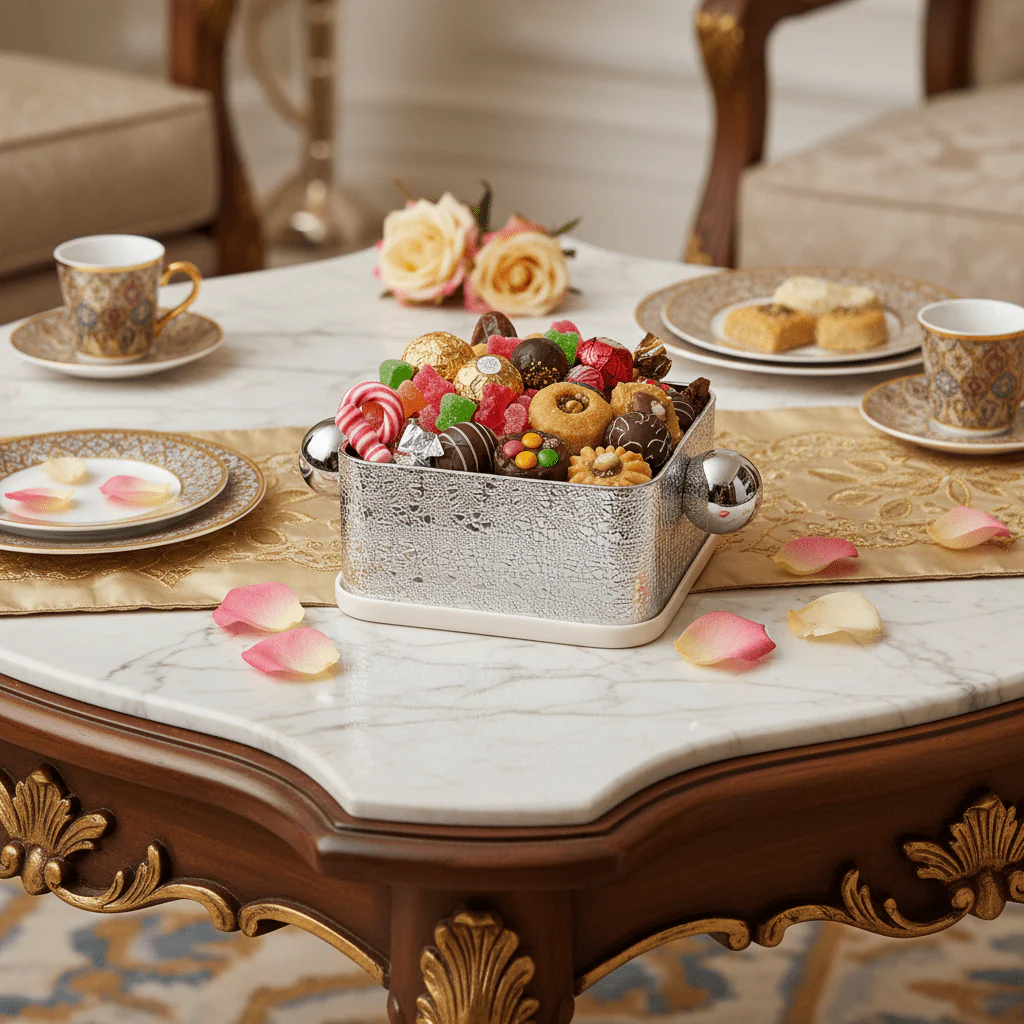 AKDC Silver & Cream Square Candy Pot – Luxury Metal Serving Bowl for Sweets Dates & Chocolates – 14x14 cm - Image 2