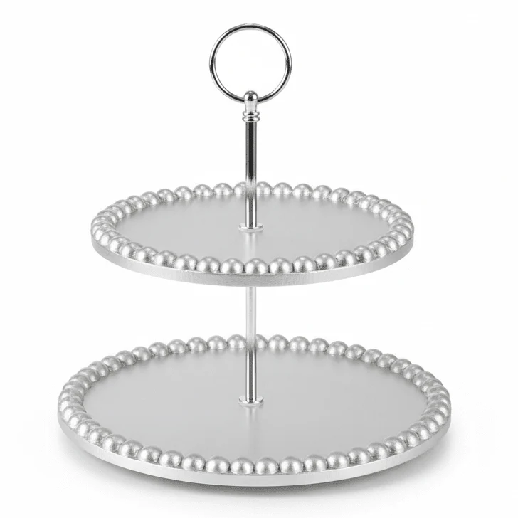 AKDC Silver Finish Wooden Two-Tier Cake and Dessert Stand with Modern Look for Table Setup – 25×24×18 cm