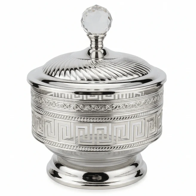 AKDC Luxe Greek Key Silver Crystal Candy Pot — Opulent Metal & Glass Keepsake Jar with Crystal Knob Lid | 15×11cm