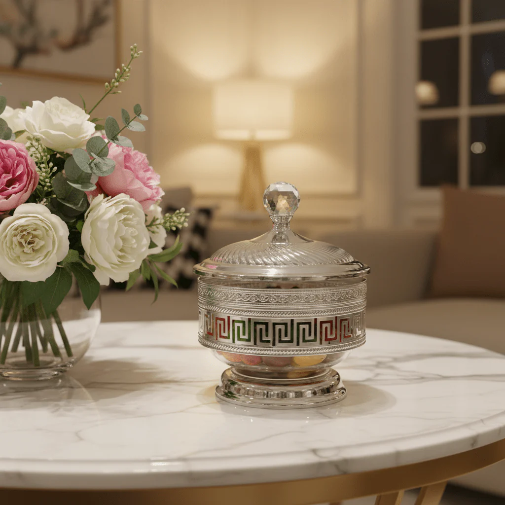AKDC Luxe Greek Key Silver Crystal Candy Pot — Opulent Metal & Glass Keepsake Jar with Crystal Knob Lid | 15×11cm - Image 2