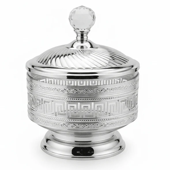 AKDC Imperial Greek Key Silver Candy Pot | Luxury Crystal-Lid Serving Jar | 25×18cm