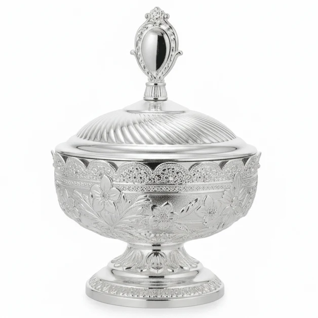 AKDC Heritage Silver Sugar Pot | Embossed Floral Metal & Glass | 12×9cm