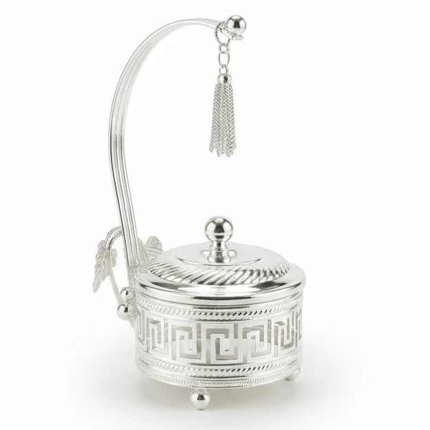 AKDC Imperial Silver & Glass Sugar Pot | Handcrafted Metal Luxury Serveware | 17cm