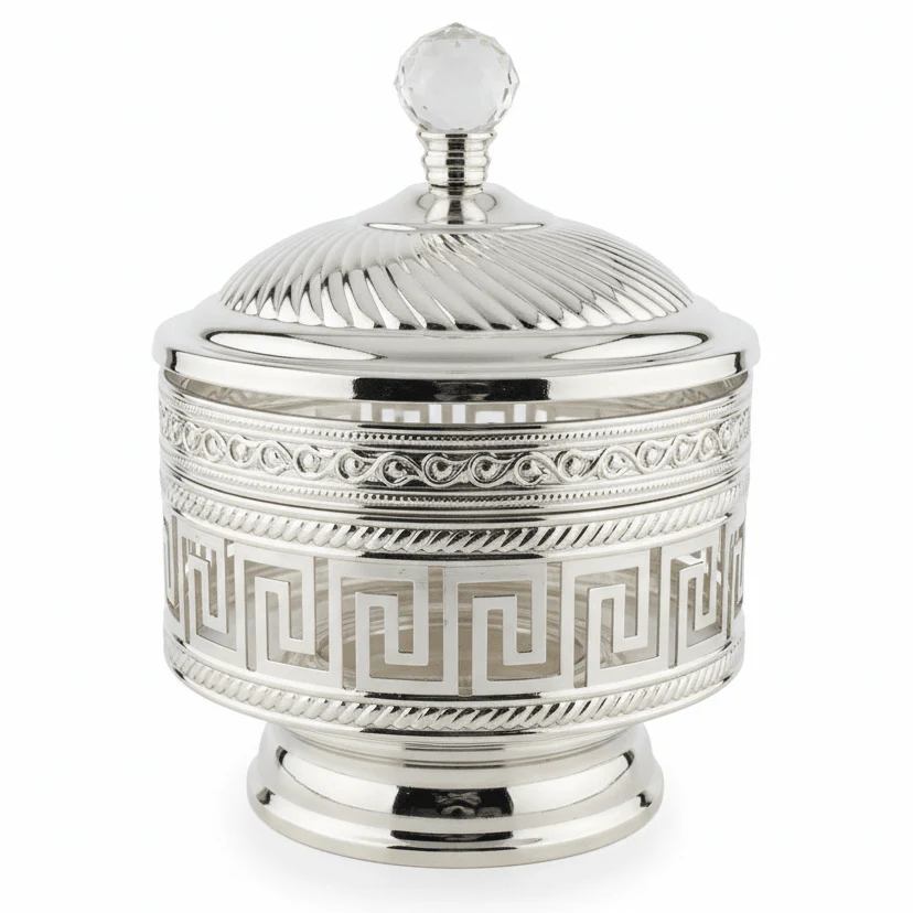 AKDC Ornate Silver Sugar Pot with Crystal Lid | Luxury Metal & Glass Canister | 15×11cm