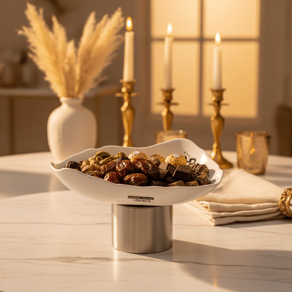 Raz Silver Metal Footed White Ceramic Candy Bowl for Sweets, Dates & Serving Display 25 × 13 cm - Image 2
