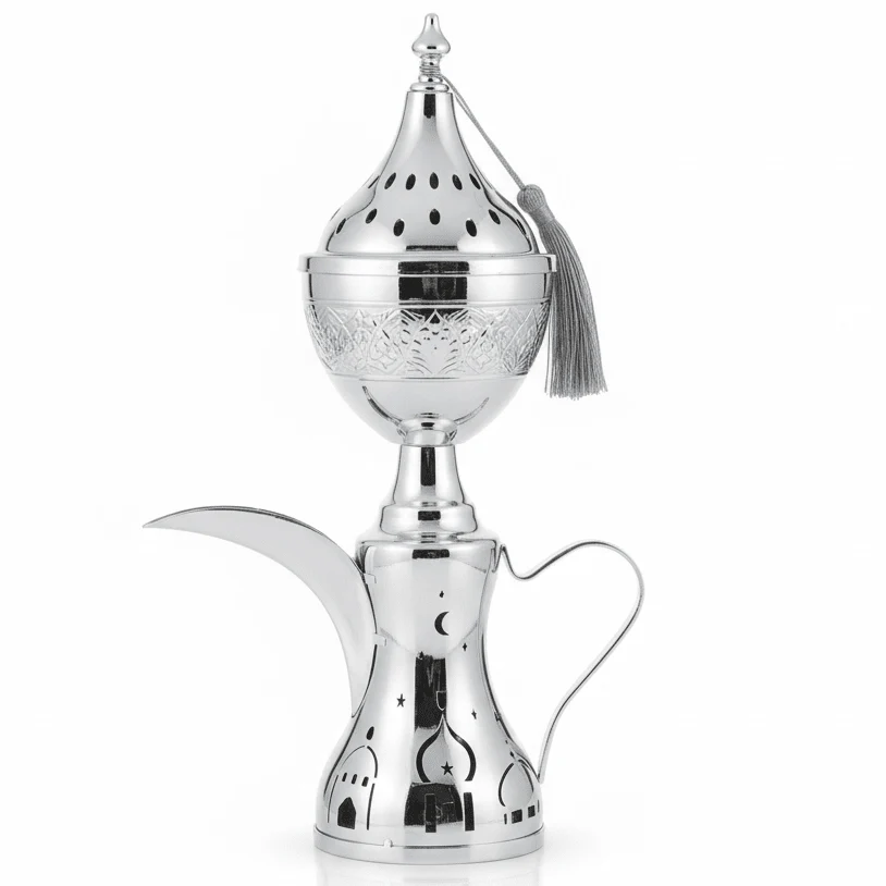 AKDC Silver Metal Incense Burner with Dallah Base Traditional Arabic Style Burner 35cm