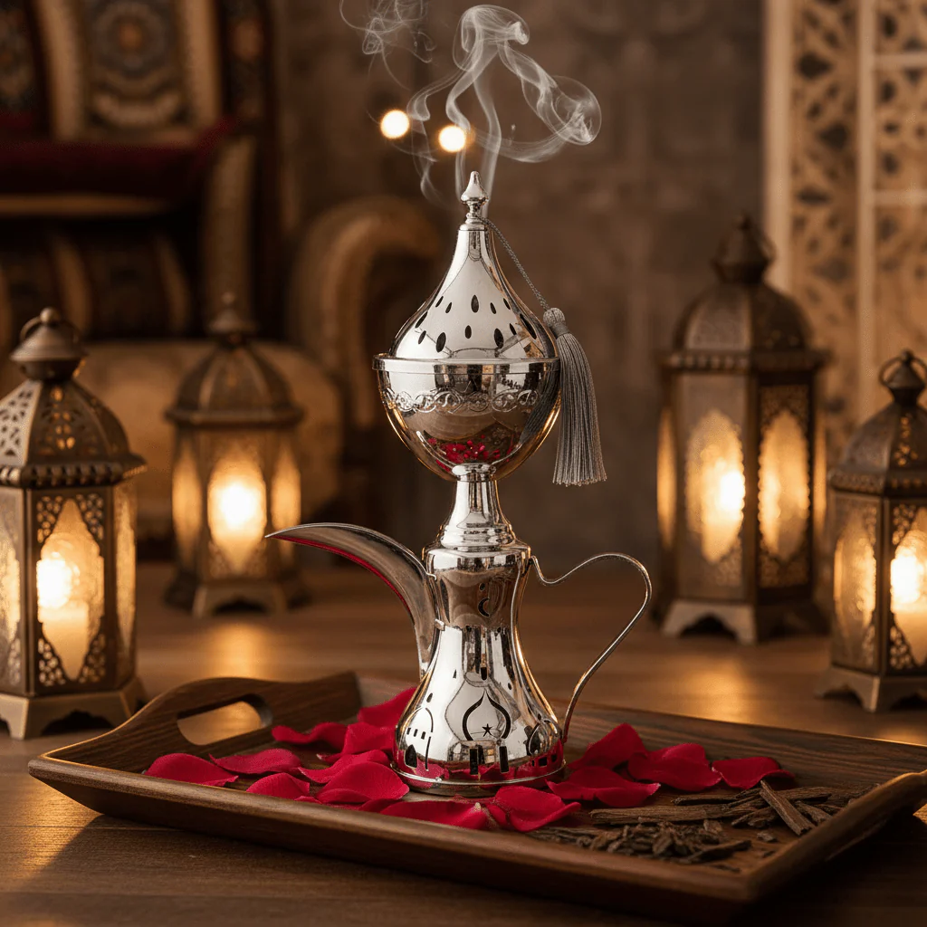 AKDC Silver Metal Incense Burner with Dallah Base Traditional Arabic Style Burner 35cm - Image 2