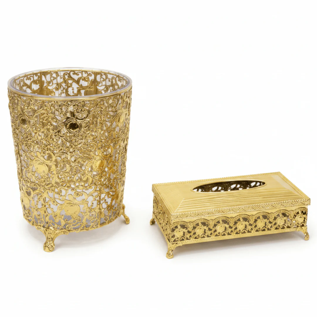 AKDC Space-Saving Acrylic Waste Bin and Tissue Holder Set with Elegant Gold Base for Modern Interiors – Dustbin 27×22 cm, Tissue Box 26×13 cm