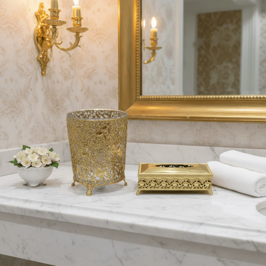AKDC Space-Saving Acrylic Waste Bin and Tissue Holder Set with Elegant Gold Base for Modern Interiors – Dustbin 27×22 cm, Tissue Box 26×13 cm - Image 2