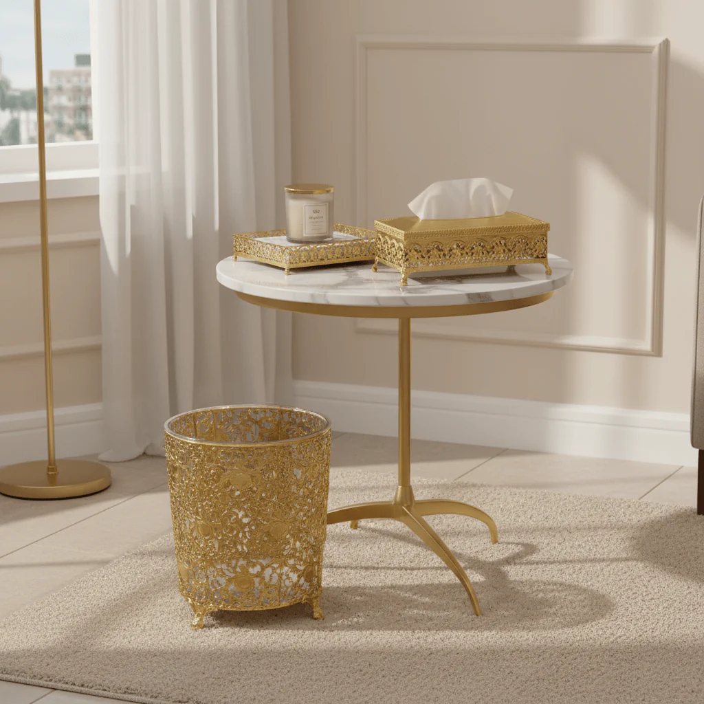 AKDC Space-Saving Acrylic Waste Bin and Tissue Holder Set with Elegant Gold Base for Modern Interiors – Dustbin 27×22 cm, Tissue Box 26×13 cm - Image 3