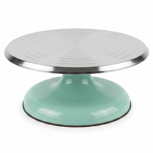 AKDC SpinServe 360° Rotating Cake Stand Turntable Durable Plastic and Metal Build Mint Green Finish with Silver Base 25 cm