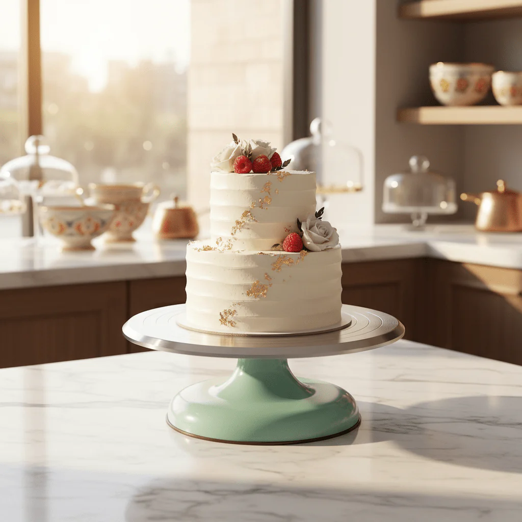 AKDC SpinServe 360° Rotating Cake Stand Turntable Durable Plastic and Metal Build Mint Green Finish with Silver Base 25 cm - Image 2