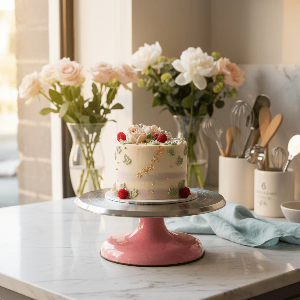 AKDC SpinServe Elegant Plastic/Metal Rotating Cake Stand Pink & Silver Footed Dessert Display Plate 25cm - Image 2