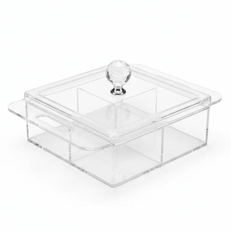 AKDC Square Clear Acrylic 4 Section Candy Organizer Box with Lid Multipurpose Storage Container 24x24x6 cm