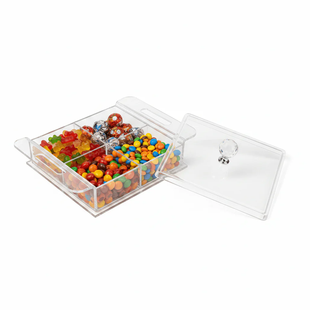 AKDC Square Clear Acrylic 4 Section Candy Organizer Box with Lid Multipurpose Storage Container 24x24x6 cm - Image 2