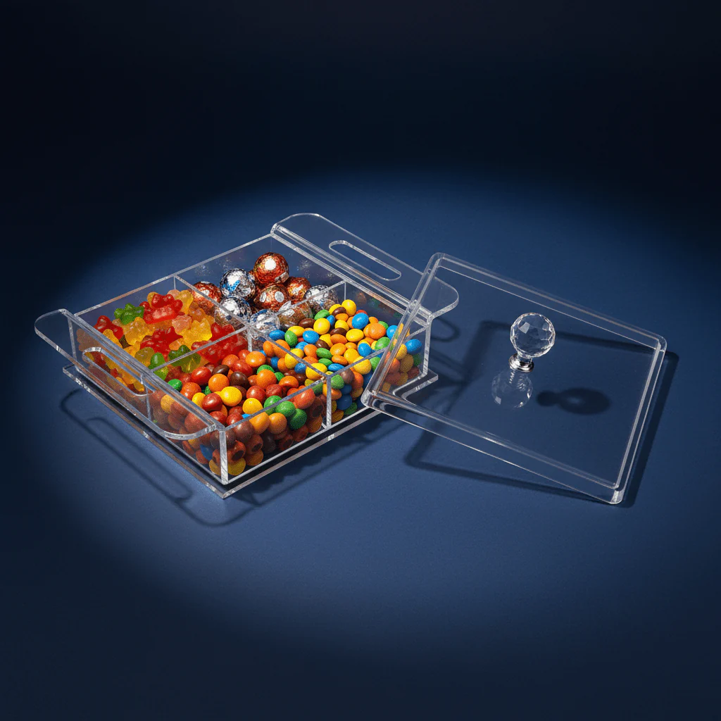 AKDC Square Clear Acrylic 4 Section Candy Organizer Box with Lid Multipurpose Storage Container 24x24x6 cm - Image 4