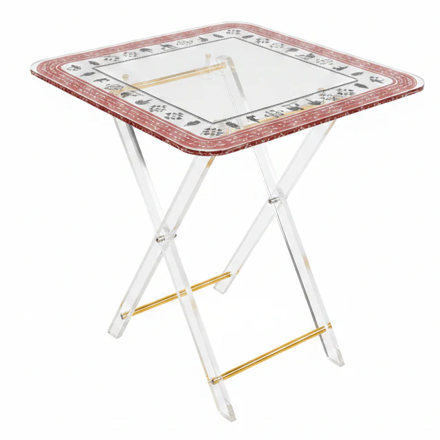 AKDC Square Clear Acrylic Folding Coffee Table Set with Geometric Tribal Motif Print Contemporary 4-Piece Design 40x40x47 cm