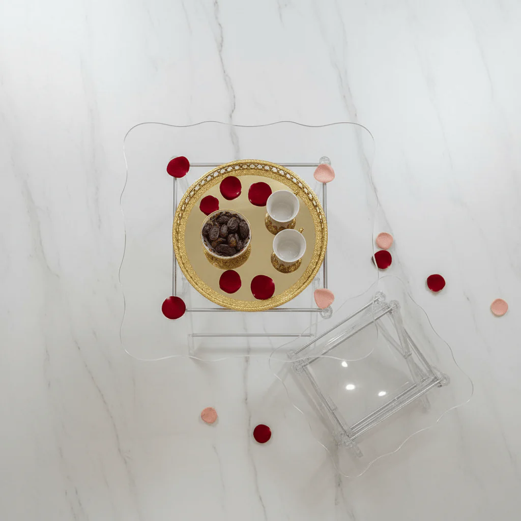 AKDC Square Clear Acrylic Folding Serving Table Set with Decorative Wavy Edges Space Saving 4-Piece Design 37x37x40 cm - Image 2