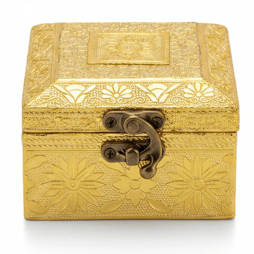 AKDC Square Golden Wooden Jewellery Case with Antique Brass-Tone Metal Latch, Compact Organizer (4 inch)