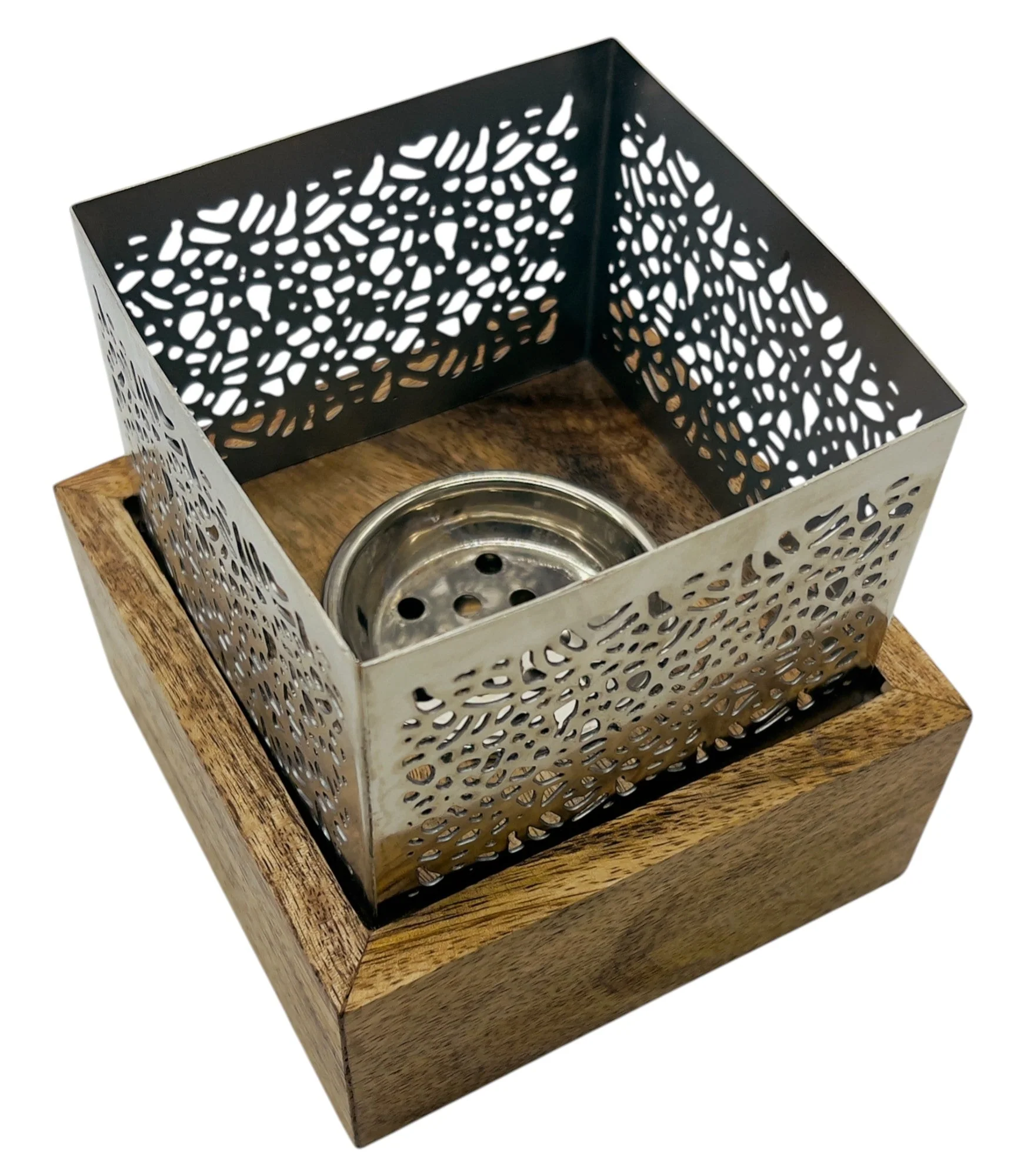 AKDC Square Wooden and Metal Incense Burner 14cm*14cm, Silver, BD32109L - Image 2
