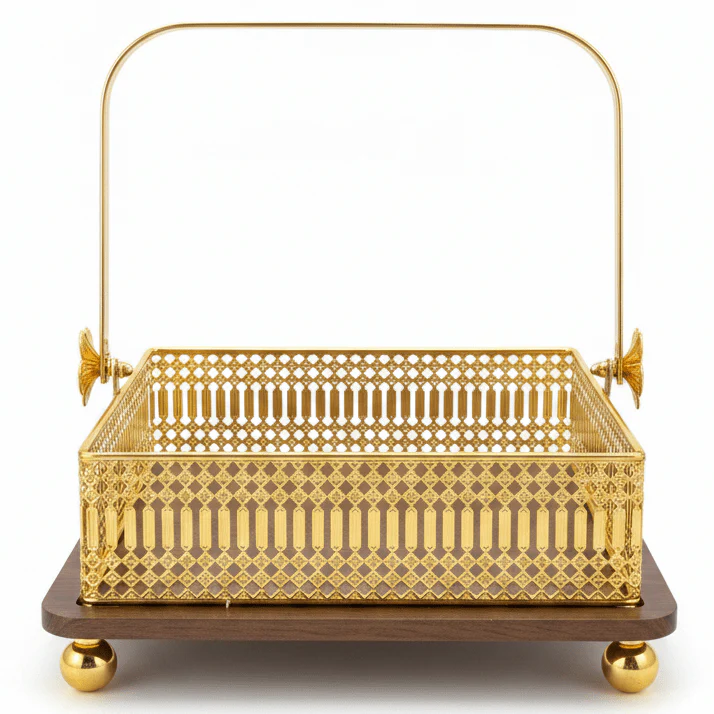 AKDC Square Wooden Candy Tray with Golden Metal Base and Handle for Serving Sweets & Snacks 25 cm