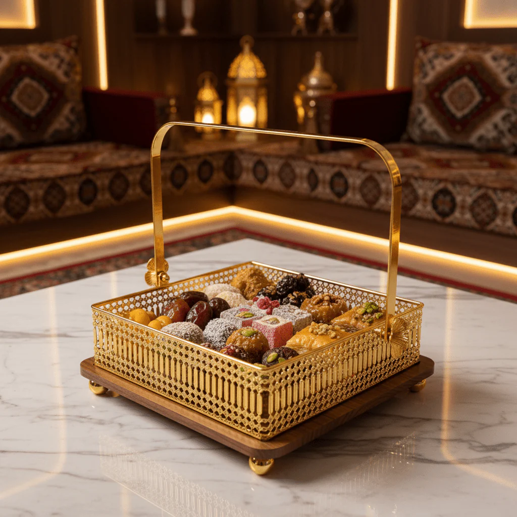 AKDC Square Wooden Candy Tray with Golden Metal Base and Handle for Serving Sweets & Snacks 25 cm - Image 2