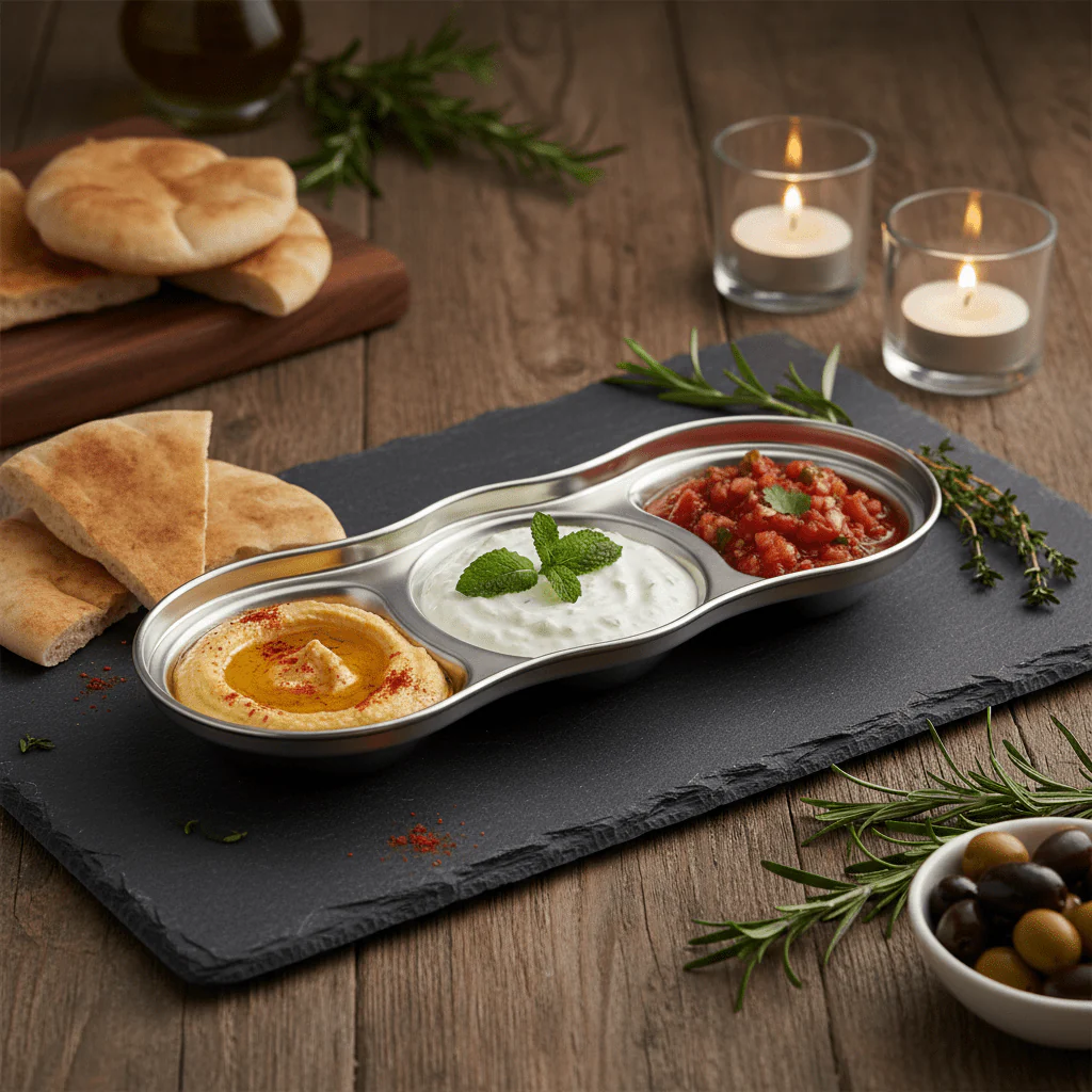 AKDC Stainless Steel 3-Part Sauce & Condiment Tray – 20cm | Triple Compartment | Serving Dish - Image 2