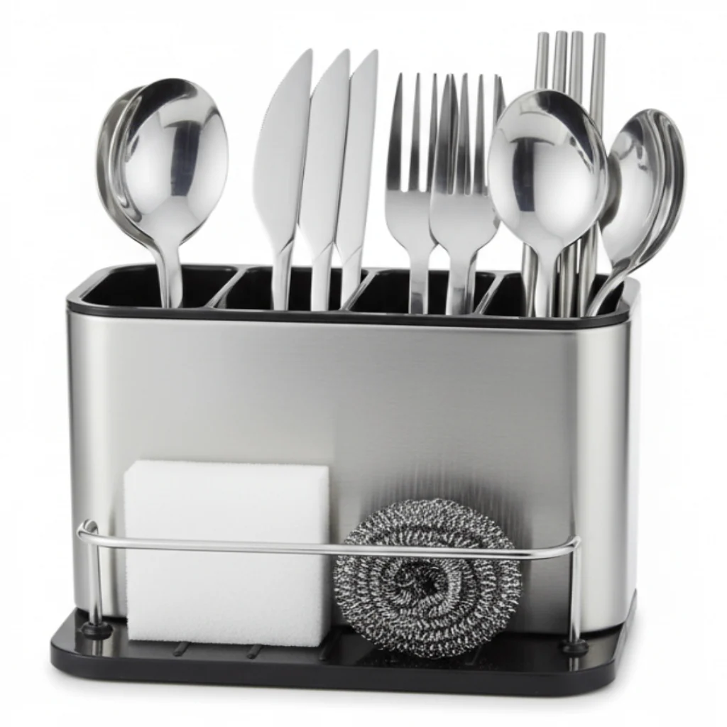 AKDC Stainless Steel 4-Section Cutlery Holder with Built-In Drainer System – Hygienic & Rust-Proof Kitchen Storage Solution (180×128×130 mm)