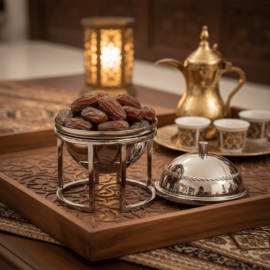 AKDC Stainless Steel Dates Bowl with Lid and Decorative Stand for Stylish Serving – 12.5 × 15 cm - Image 2